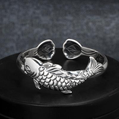 High End Bracelet Women's Lotus Fish Wide Edition Bracelet Retro Ethnic Style Open End Jewelry for Mom