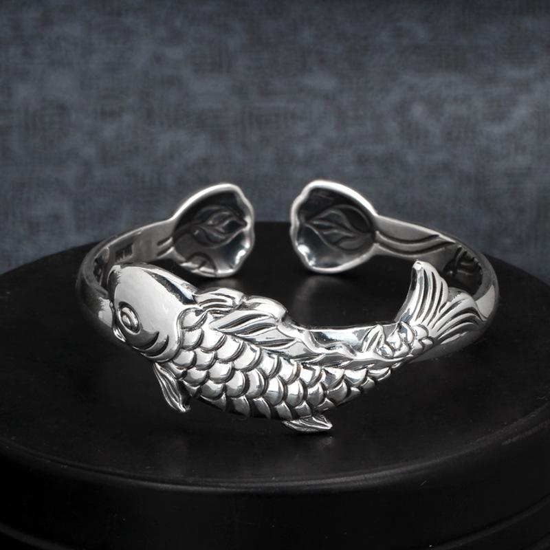 High End Bracelet Women's Lotus Fish Wide Edition Bracelet Retro Ethnic Style Open End Jewelry for Mom