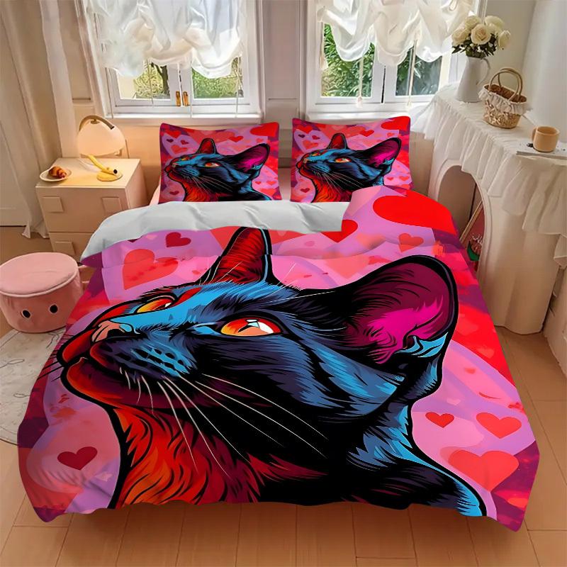 3pcs Cat Art Print Duvet Cover Set, Cover For Bedroom Guest Room (1 Duvet Cover + 2 Pillowcase, Without Quilt),  Yy250922121