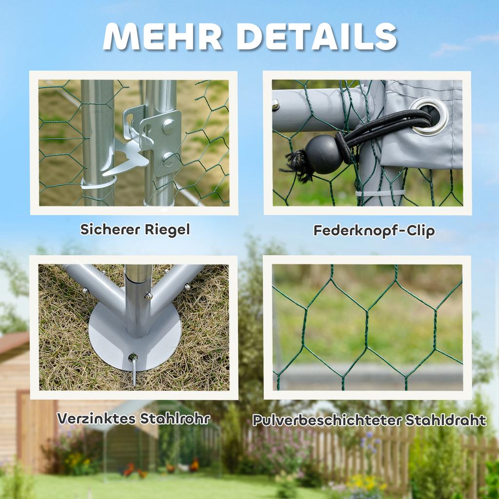 Chicken Coop with UV-resistant Waterproof Fabric, Safety Lock, for 10-15 Chickens, Steel, 3 X 3.4 X 1.9 M, Silver