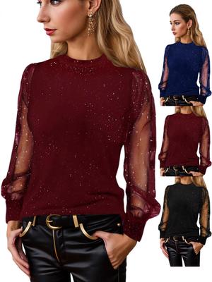 2026 European Glitter Long Sleeve Women's Casual Loose Round Neck T-shirt Top