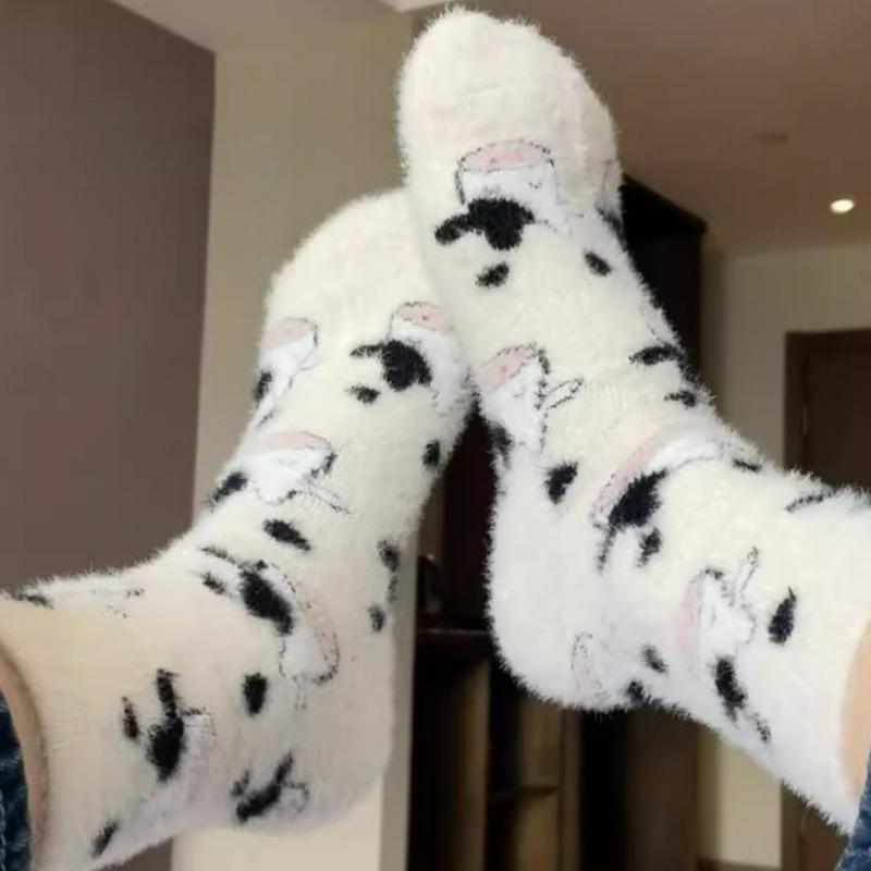 Cartoon Cute Cow Mink Velvet Socks Women Autumn Winter Soft Comfortable Mid Tube Sock Kawaii Plush Thermal Sleeping Floor Socks