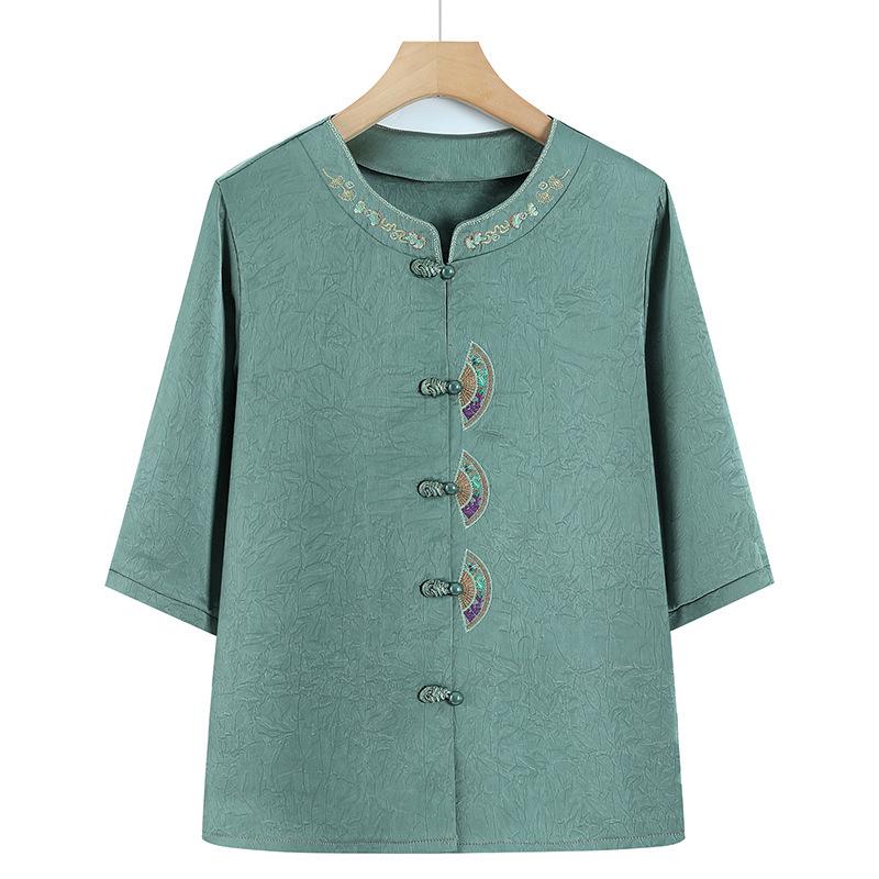 

Elegant Floral Seven-Sleeve Top for Mom - Chinese Style Spring/Summer 5XL - Recommended for 150-160 jin зелений