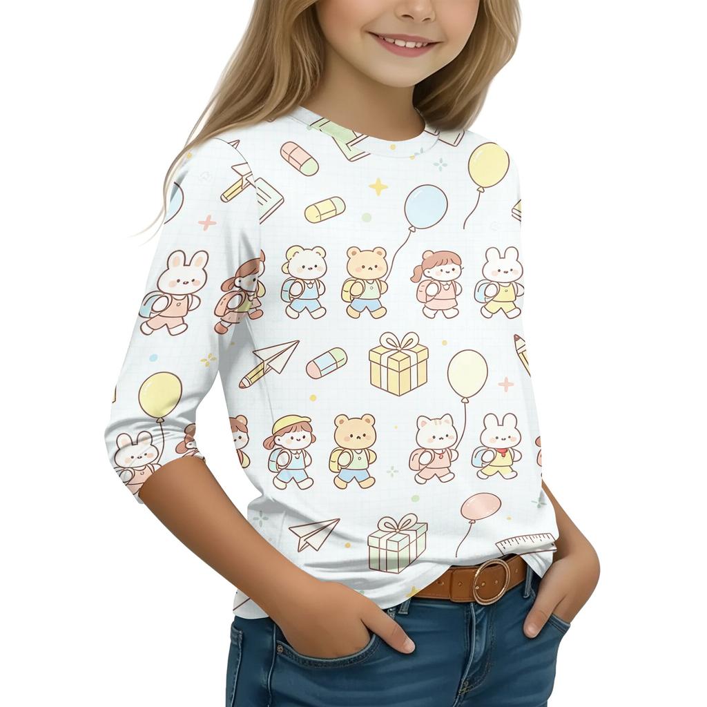 Children's Casual Printed 3/4 Sleeve Round Neck T-Shirt for Back to School Everyday Wear