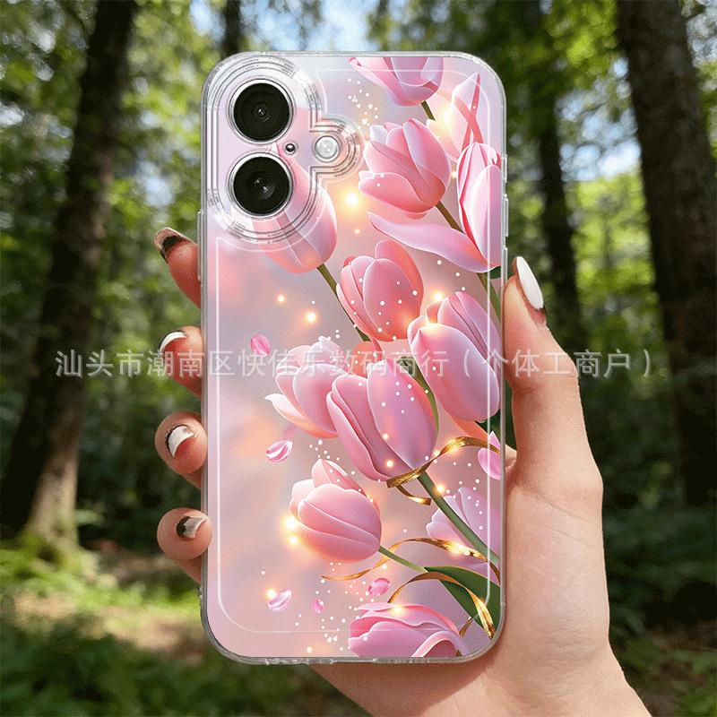 Pink Tulip Transparent iPhone15/14Promax Mobile Phone Case 11/12/13 All-inclusive Anti-drop 16/17PM