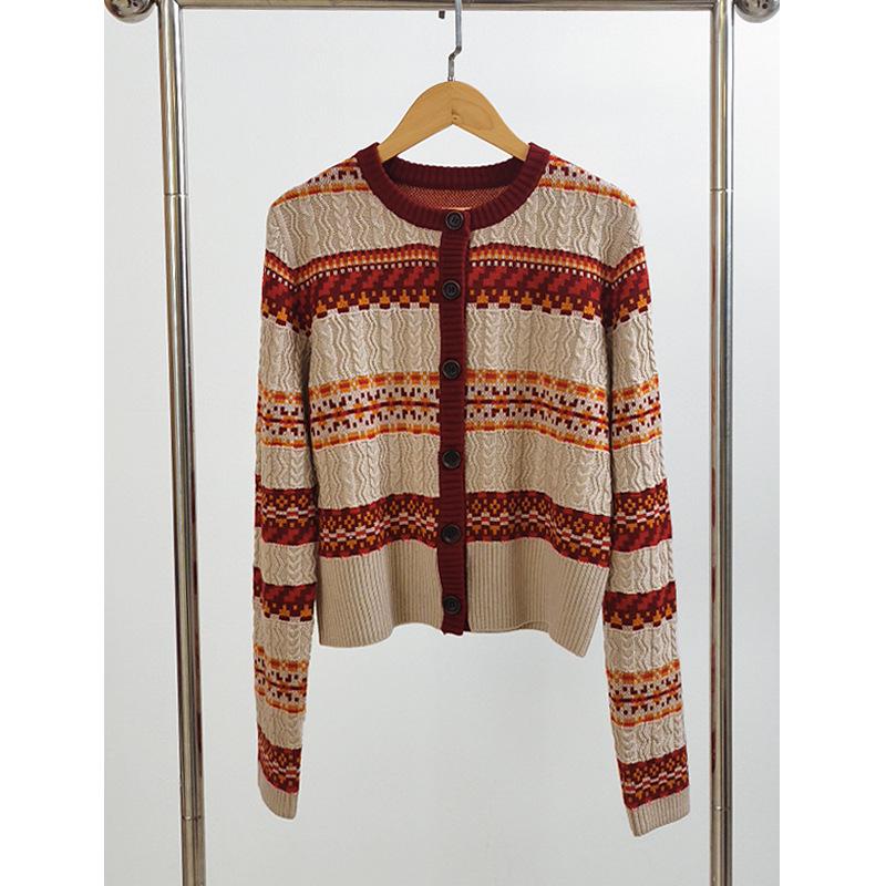 

Зима 2024 Женский красный шерстяной вязаный кардиган в полоску с узором Фэр-Айл S