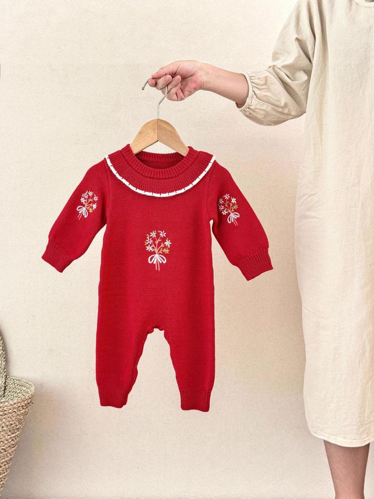 Baby Mädchen Herbst/Winter Strick Strampler Kleid mit Blumenmuster