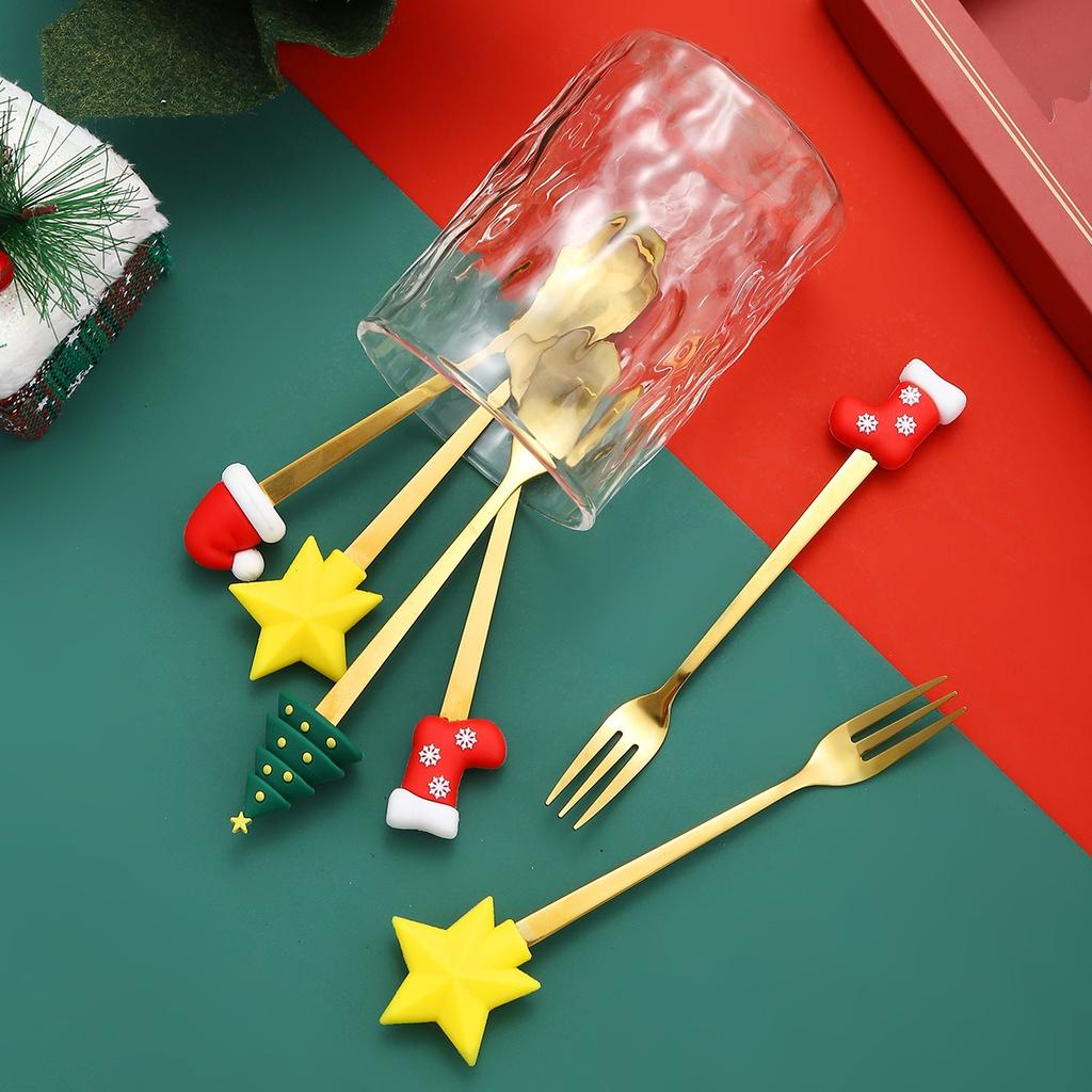 4pcs Christmas Spoon Fork Set Christmas Gifts Santa Xmas Elk Fruit Fork Coffee Spoon Cutlery Set Xmas New Year Tableware Decor
