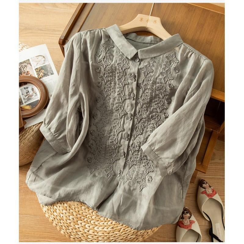 Spring Summer Shirt Women's Seven Quarter Sleeve Embroidered Cotton Linen Shirt Women's Artistic Retro Design Sense Top
