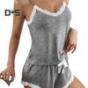 Women Pajama Set Sexy Lace Soft Elastic Waist Contrast Color Sleeveless Tank Top Loose Shorts Nightwear