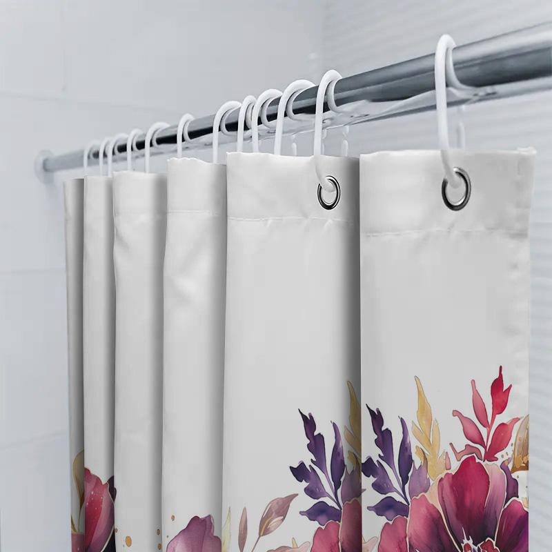 Luxury Bath Shower Curtain With Watercolor Floral Design For Bathroom Decoration White Background, Pink Gold Colors Size: 180X24