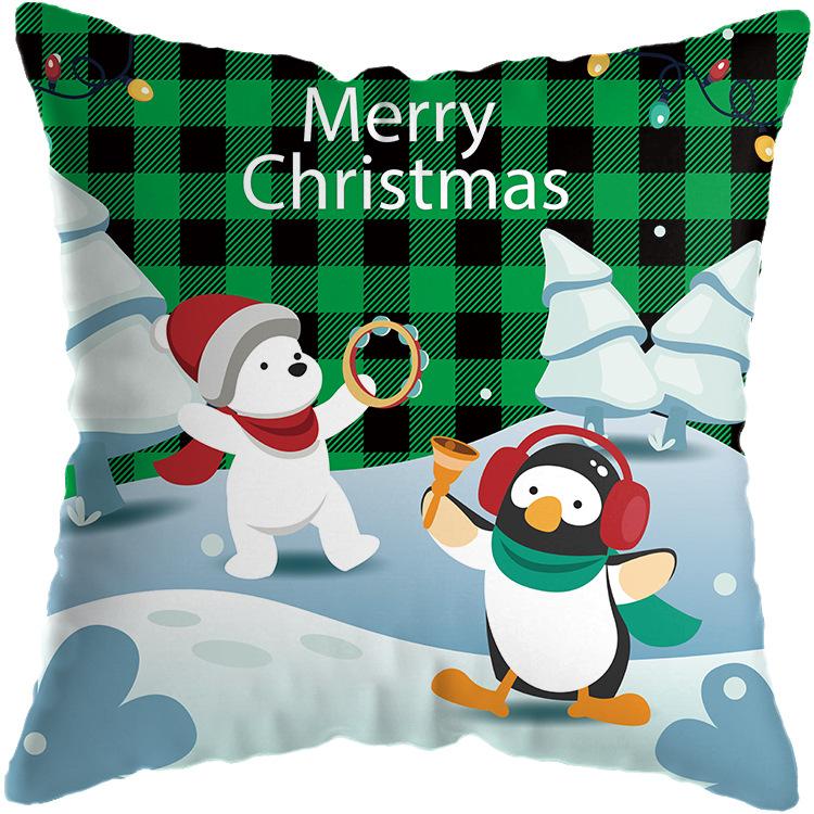 Christmas Theme Green Plaid Santa Snowman Print Pattern Cushion Cover Home Sofa Decor Throw Pillow Cover 45x45cm