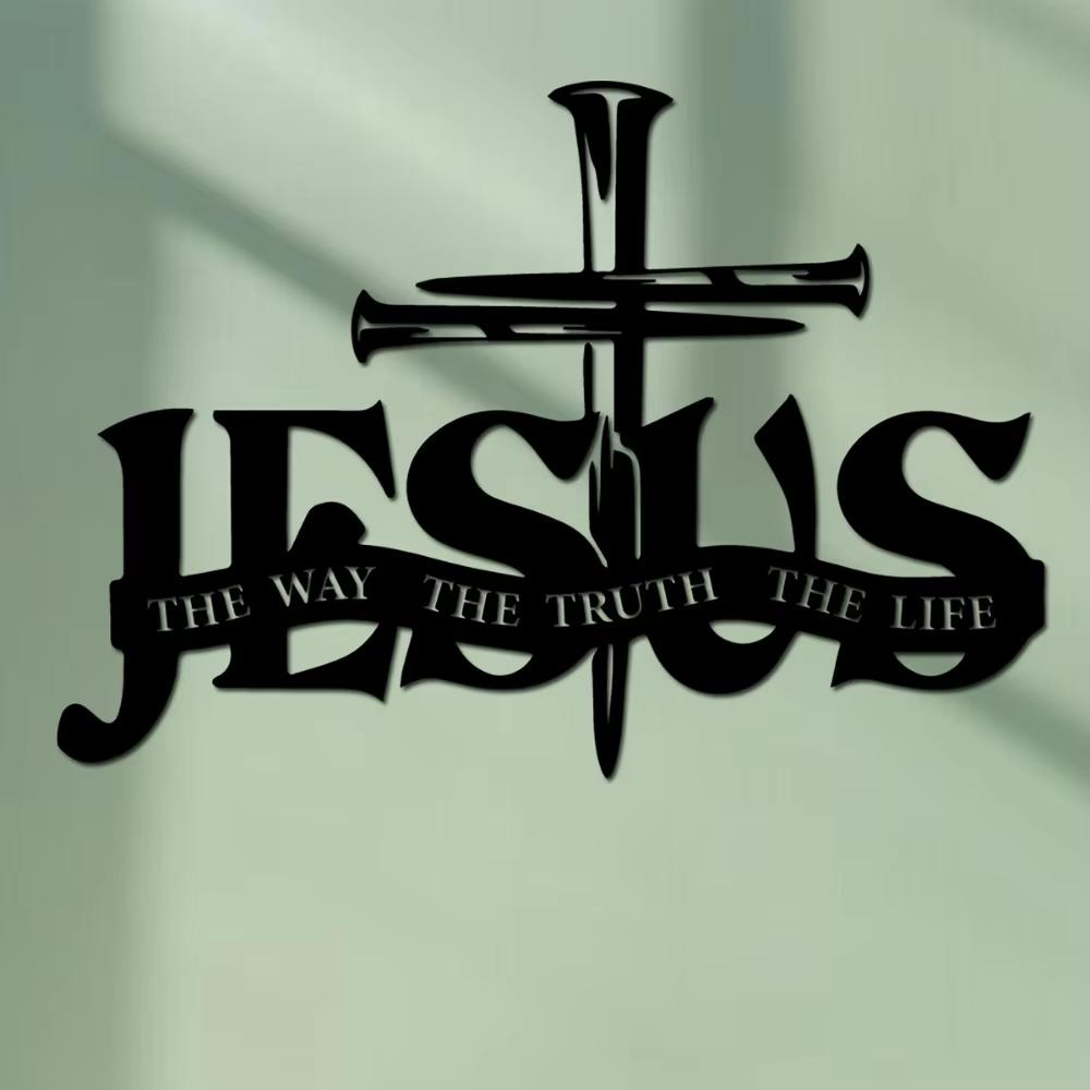 Enkelbitad Metall Jesus Väggkonst Prydnad Horisontellt Orienterad Religiös Symbol med Kors, Sanning Liv Skrift
