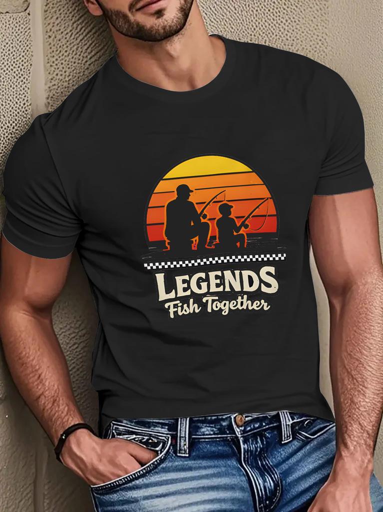Unisex O Neck Tee Retro Sunset Father Son Fishing Art Print Cotton Short Sleeve Loose Summer Breathable Daily Casual Basic Wear Top