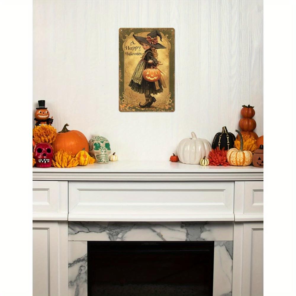 Vintage Halloween Witch Girl with Pumpkin Metal Sign Vintage Home Decor 8x12 Inch Wall Art No Electricity Required Wall Hangable