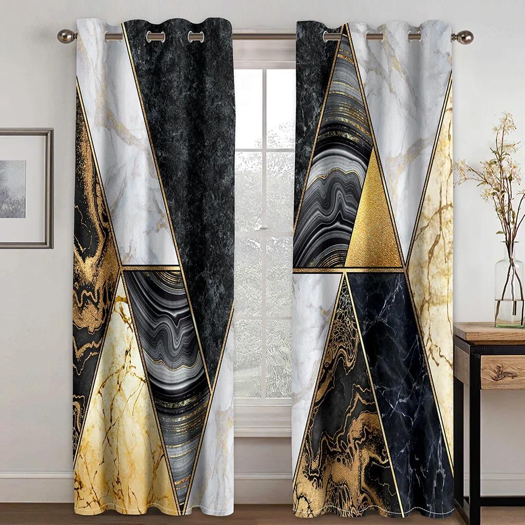 Ready-made Abstract Marble Blue Gold Design Cheap Modern Thin 2 Pieces Curtains for Living Room Bedroom Window Drape Home Decor