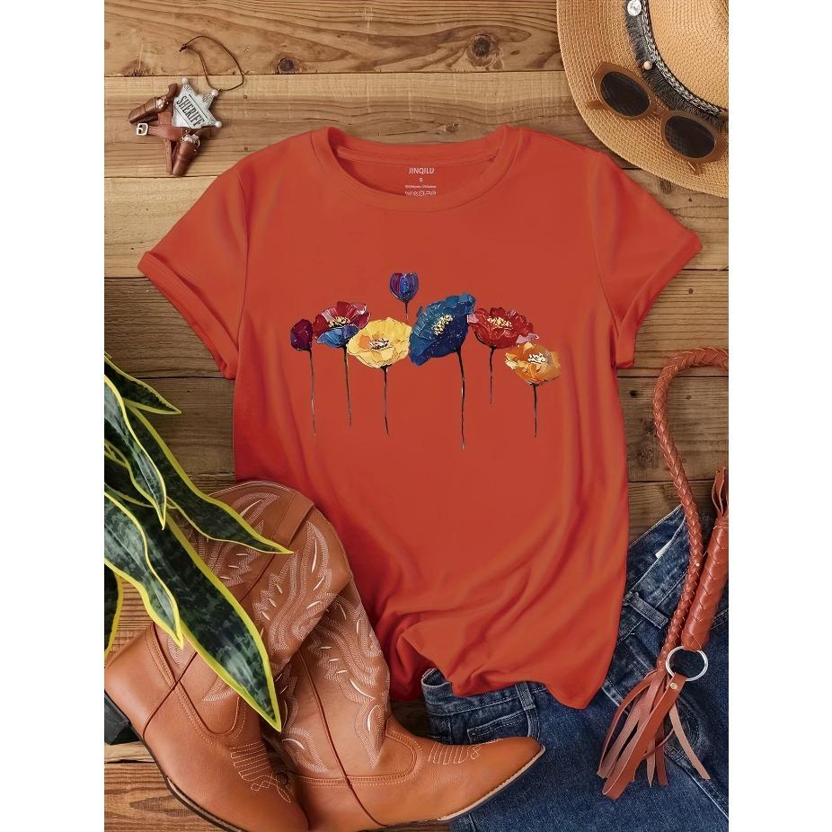 Women's Floral & Butterfly Print Casual T-Shirt - Short Sleeve Round Neck Breathable for All-Season Wear, Ladies T Shirts