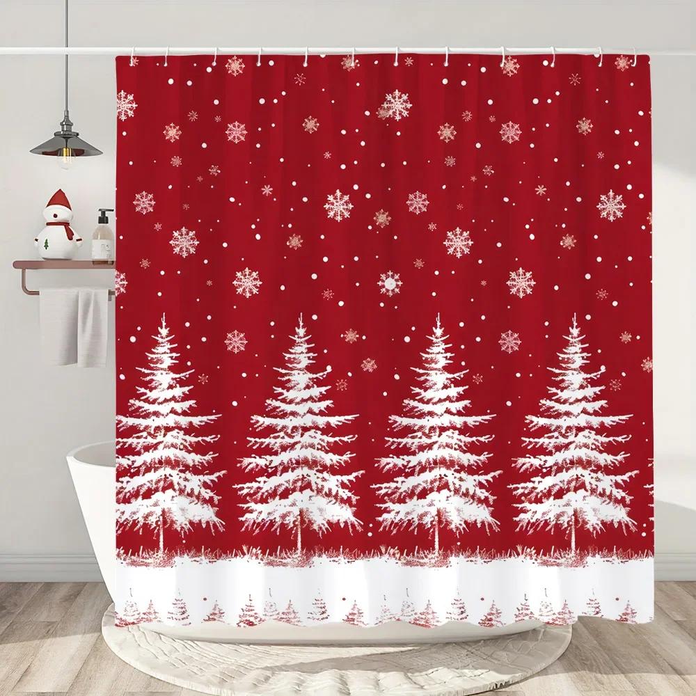 Snowman Christmas Shower Curtain Christmas Tree Gifts Red Bird Winter Snow Fabric Printed Bath Curtain Bathroom Decor With Hoo