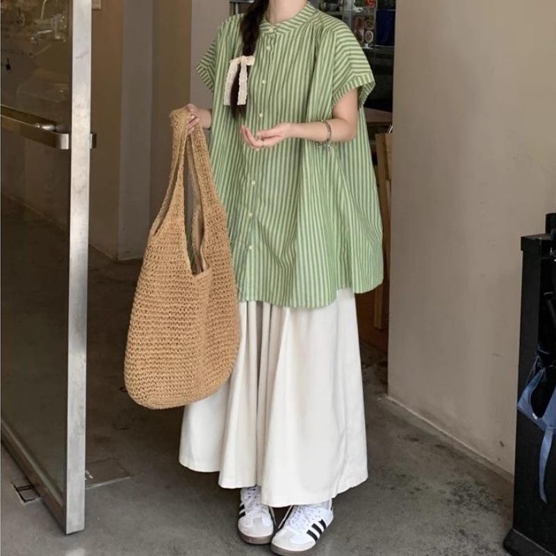 Simple striped versatile short-sleeved shirt women s summer loose and thin solid color wide-leg casual pants fashion suit tide S