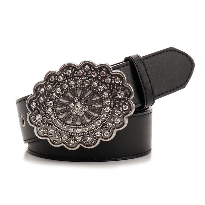 Bohemian Vintage Gem Black Leather Belt For Women With Alloy Buckle And Versatile Style