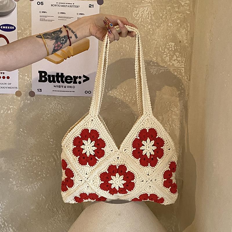 2026 New Retro Granny Square Flower Crochet Bag for Women Color Block Hand Woven Shoulder Bag Ins Style Vacation Exquisite Tote