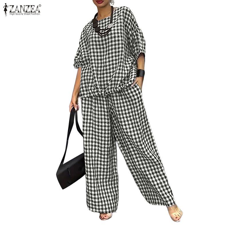 ZANZEA Women 3/4 Sleeve Blouse and Pants Casual Plaid Print Two Piece Suit Sets