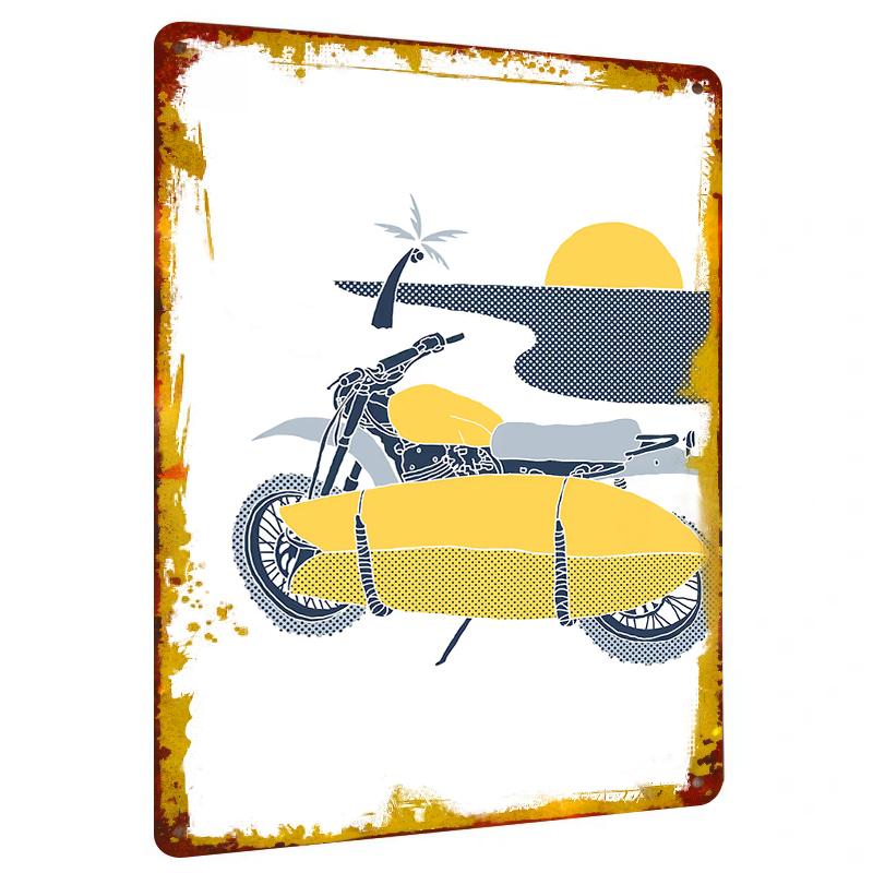 

Custom Metal Wall Art Off Road Motorcycle with Yellow Surfboard Palm Tree Sunset Decor 20x30cm（7.8x11.8inch）