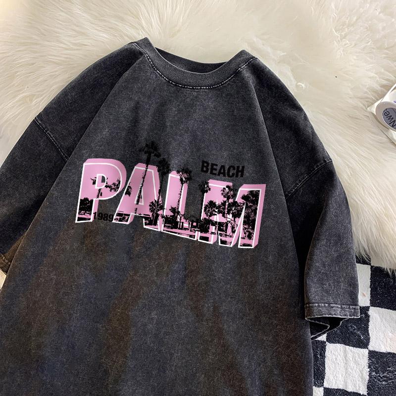 Palm Beach Print T-shirt Men Pink Letter Shirt Cotton Vintage Washed Tee Street Soft Comfort T-shirts Men Clothing