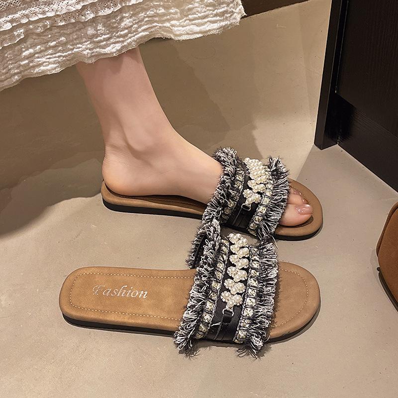 

Canvas outer slippers female 2025 summer with skirt small fragrant wind soft sole word new fairy wind beach sandals 40 чёрный