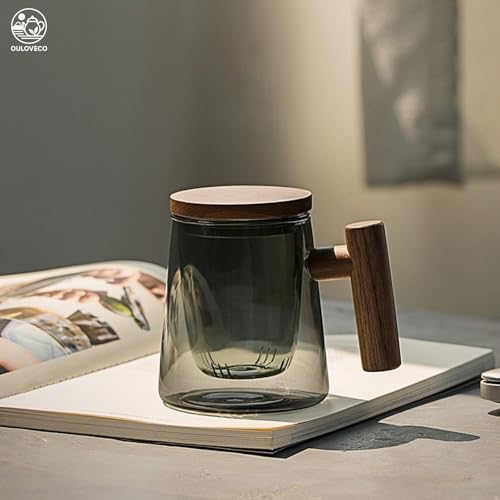 OULOVECO Dark Blue Glass Teapot, 430ml Full Capacity, Heat-Resistant, with Glass Strainer, Wooden Lid and Handle, Stylish and Easy to Clean, Perfect f