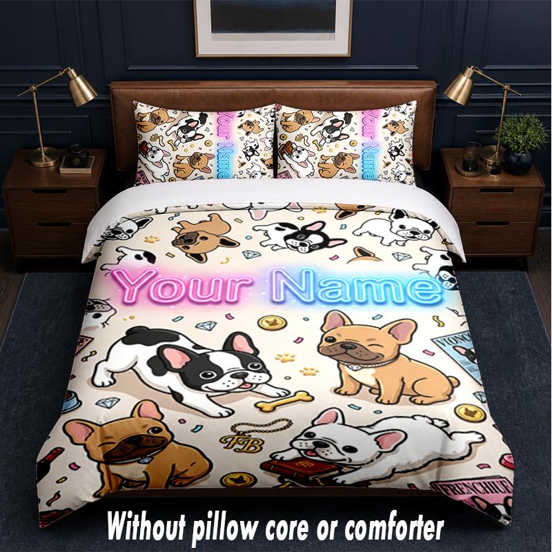 Dog Theme Custom Text Or Name 3Pcs Bedding Set,1 Flat Sheet & 2 Pillowcases Personalized Home Bedding