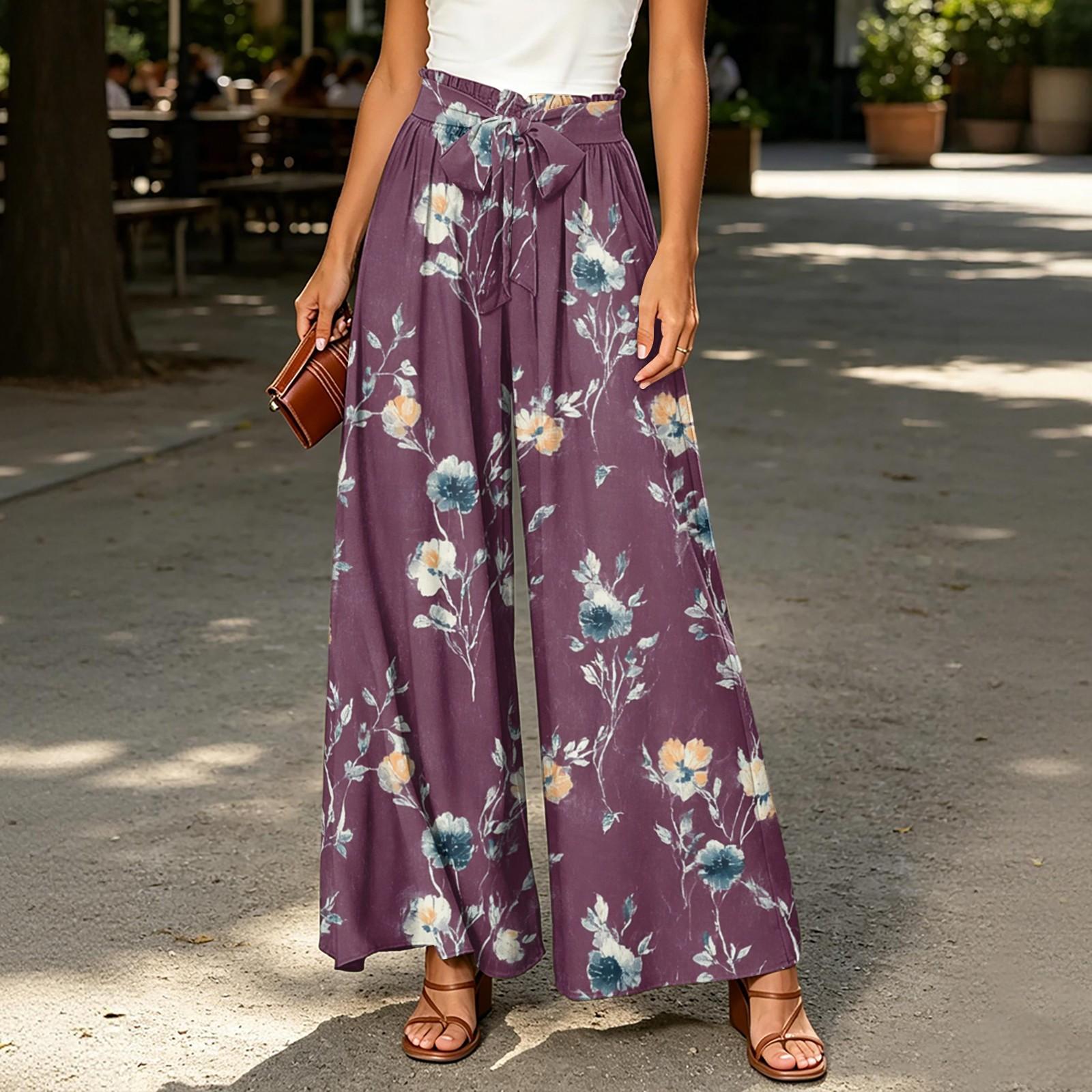 

Women’s High Waist Floral Print Wide Leg Casual Pants with Elastic Waistband and Side Pockets for Everyday Wear S фиолетовый