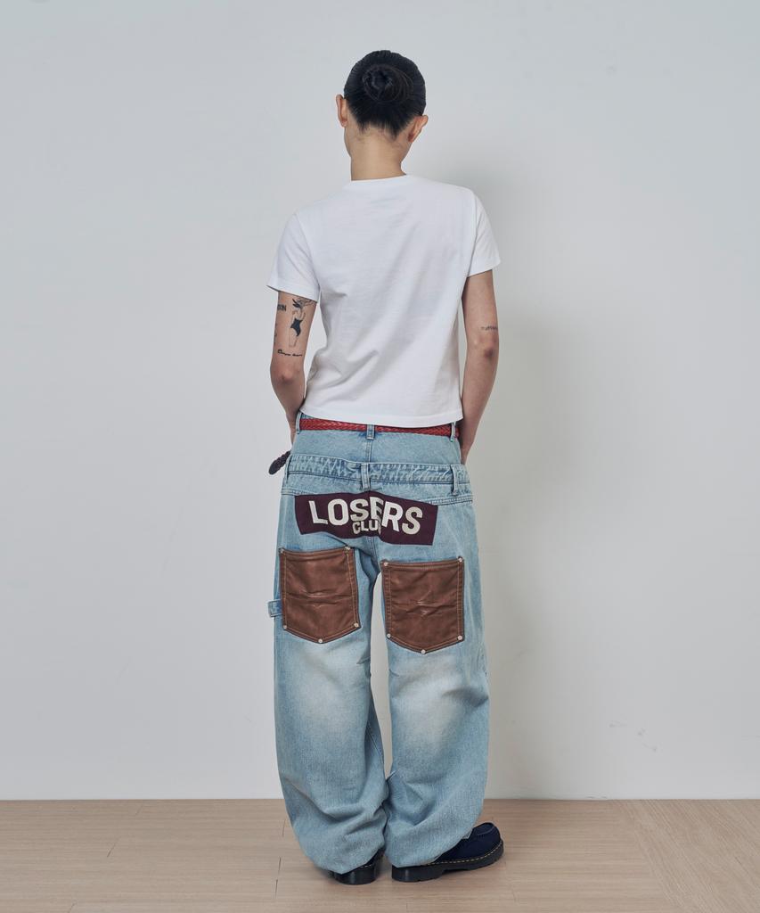 Lujeoseukeulleob Layered Leather Patch Curved Wide Denim Pants Light Blue