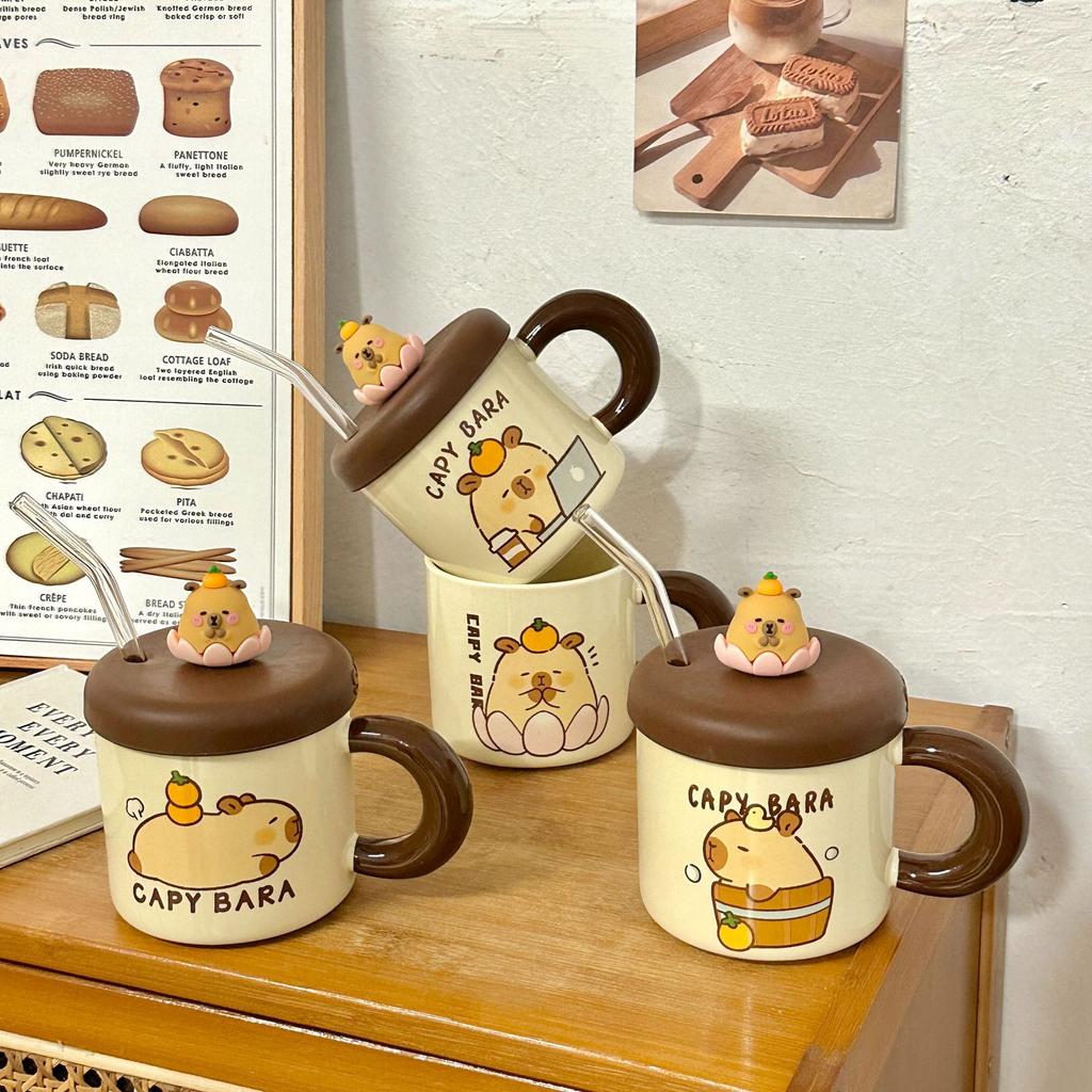 Ceramic Cup with Lid and Straw Water Cup Cute Kapibala Mug High Looking Girl's Home Coffee Cup