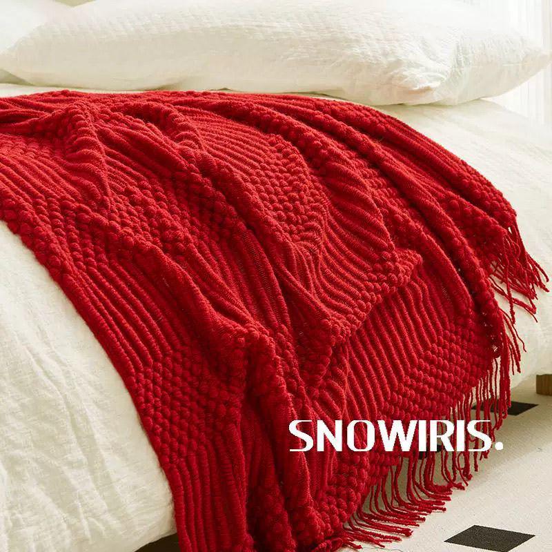 Red Wedding Sofa & Bed Blanket Cover, Bed Flag, Dowry Shawl, Knit Blanket Runner