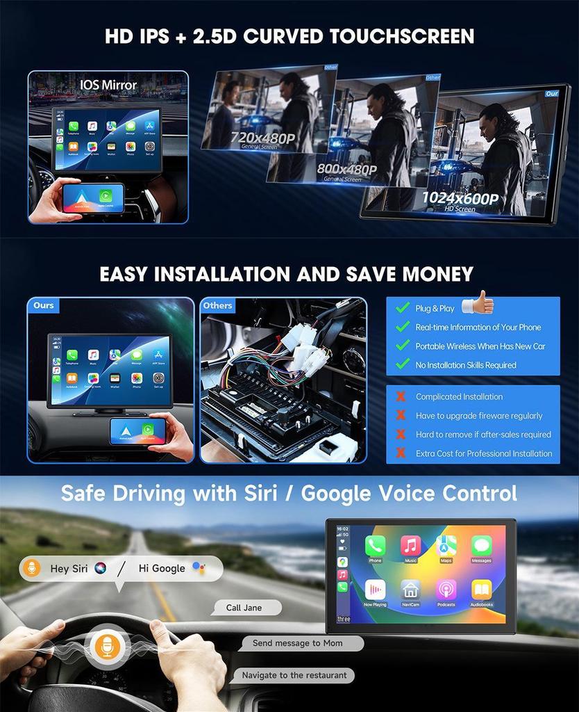 9" Wireless CarPlay Navigation Screen with Bluetooth & HD Reversing Camera