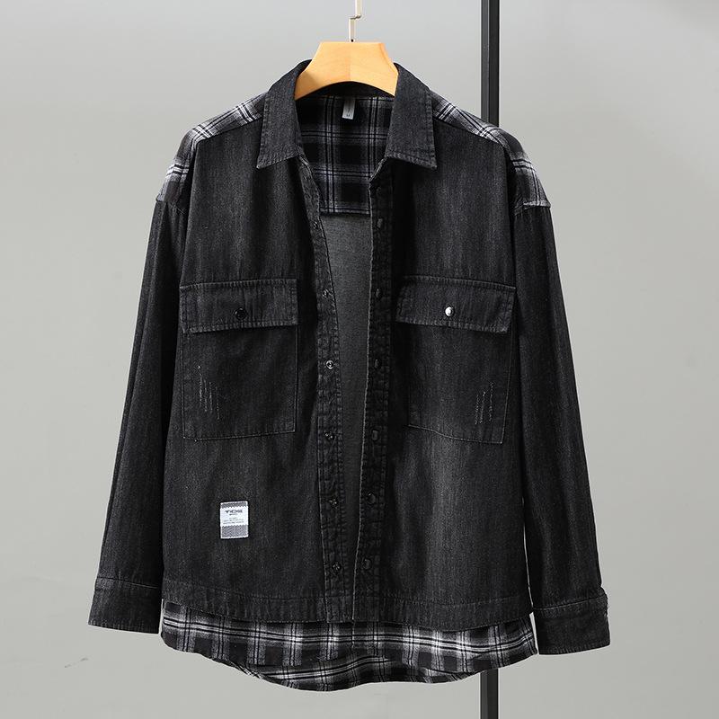 Frühlings-/Herbst-Freizeit-Denimhemden aus reiner Baumwolle für Herren Streetwear Zwei gefälschte Teile Karopatchwork Lockere Hemden Gewaschenes schwarzes Jeanshemd