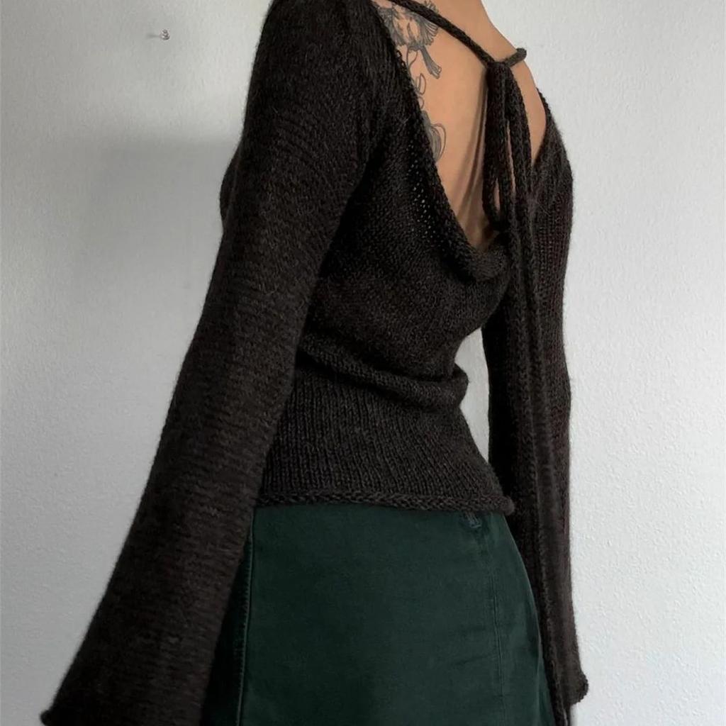 Women's Flared Sleeve Knit Top Fashion Lace Up Backless O Neck Pullover Sexy Solid Long Sleeve Sweaters Casual Tops