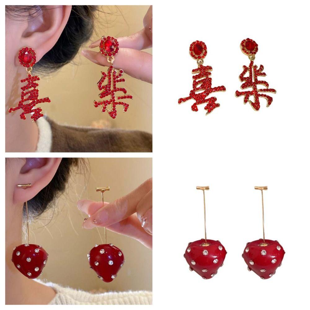 Rhinestone Chinese New Year Earrings Fashion Jewelry Red Drop Earrings  Wedding