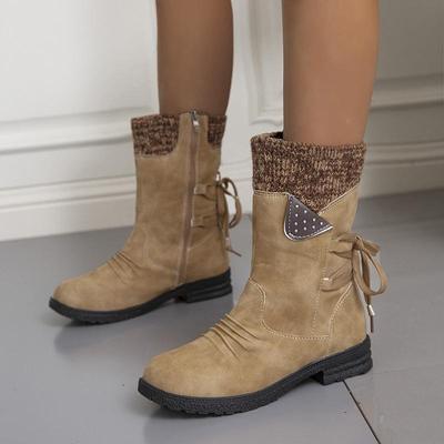 Winter Middle Tube PU Leather Snow Boots For Women Cross-Border Large Size Zipper Round Head Thick Heel Martin Boots 35-42