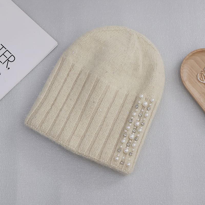 Rabbit Fur Pullover Knitted Hat Women Autumn and Winter Warm Wool Hat Fashion Pearl Headgear Outdoor