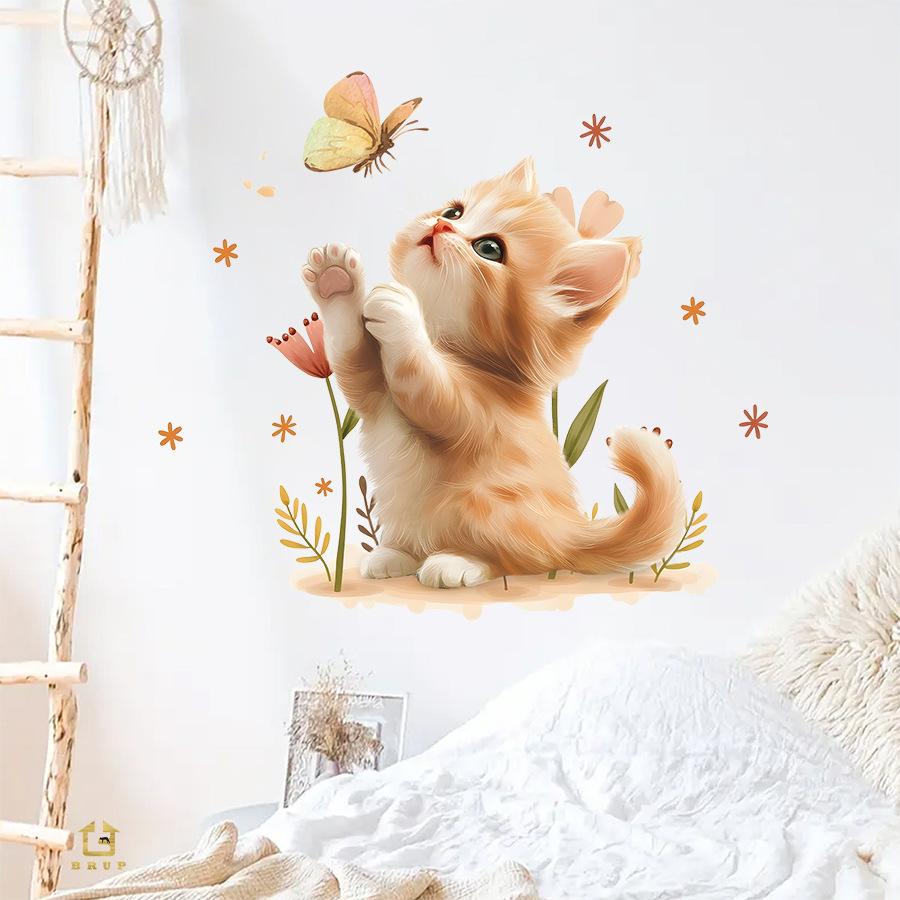 Adorable Orange Kitten with Butterfly Wall Stickers, Self-Adhesive Decor for Bedroom Living Room Home Background Decoration