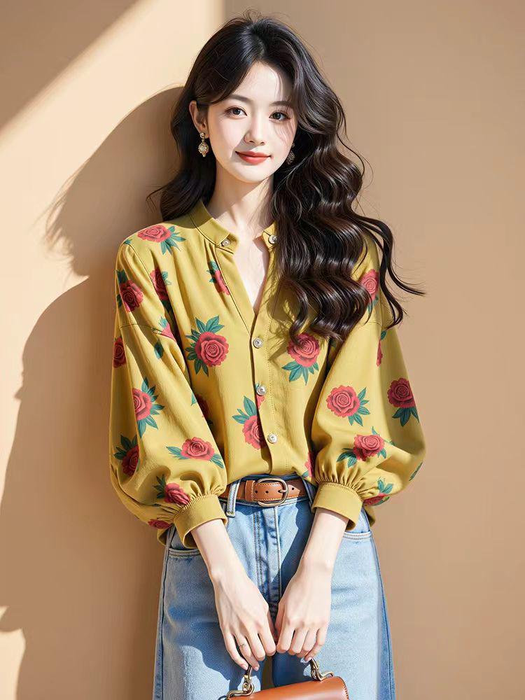 2025 French Chic Floral Chiffon Long Sleeve Women's Cardigan Blouse: Early Spring Single-Breasted Design