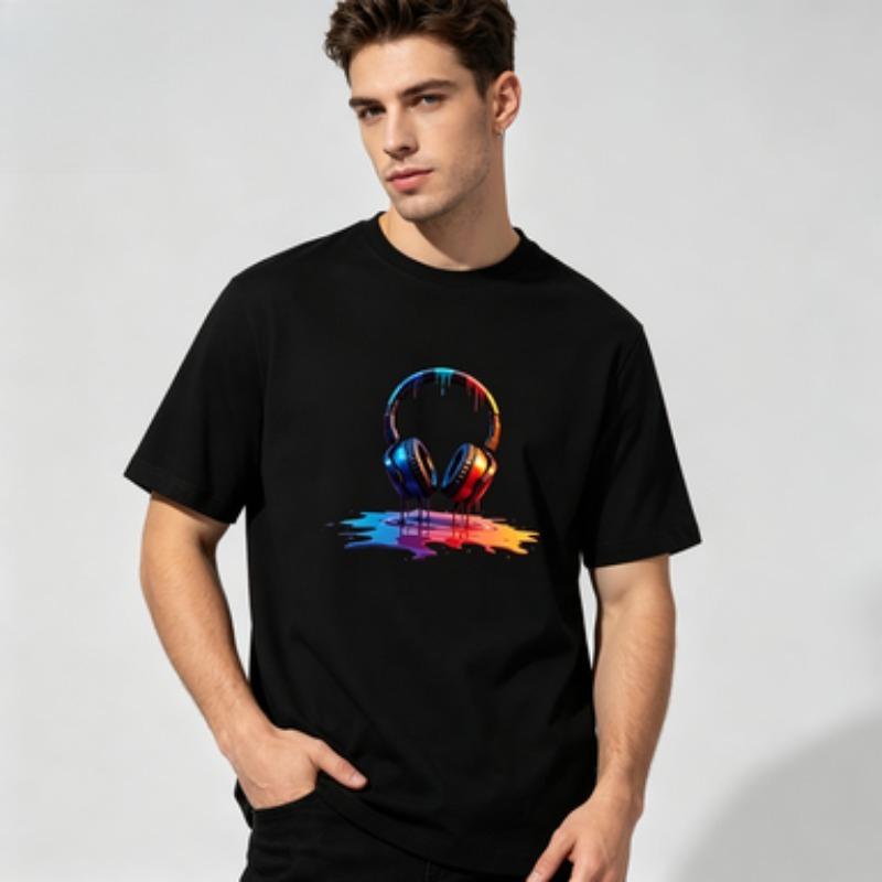 2026 New Unisex Pure Cotton Short Sleeve Tee Rainbow Melting Headset Print Fashion Hip Hop Summer Male Daily Shirts