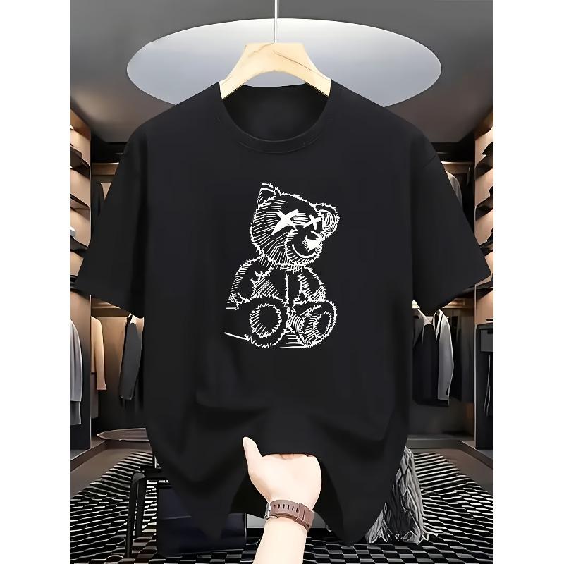 

European Size Round-Neck Short-Sleeve T-Shirt Featuring Trendy Art Style with White Line Drawings of a Small Bear Print Design That Embodies a Fusion 4XL чорний