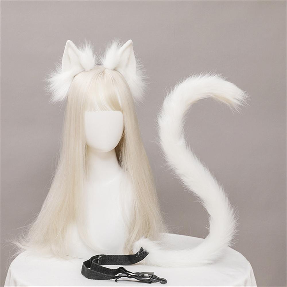 2Pcs/Set Plush Cat Ears Tail Set Realistic Lolita Headband Cat Tail Cosplay Props Hand-Made Simulation Animal Ears