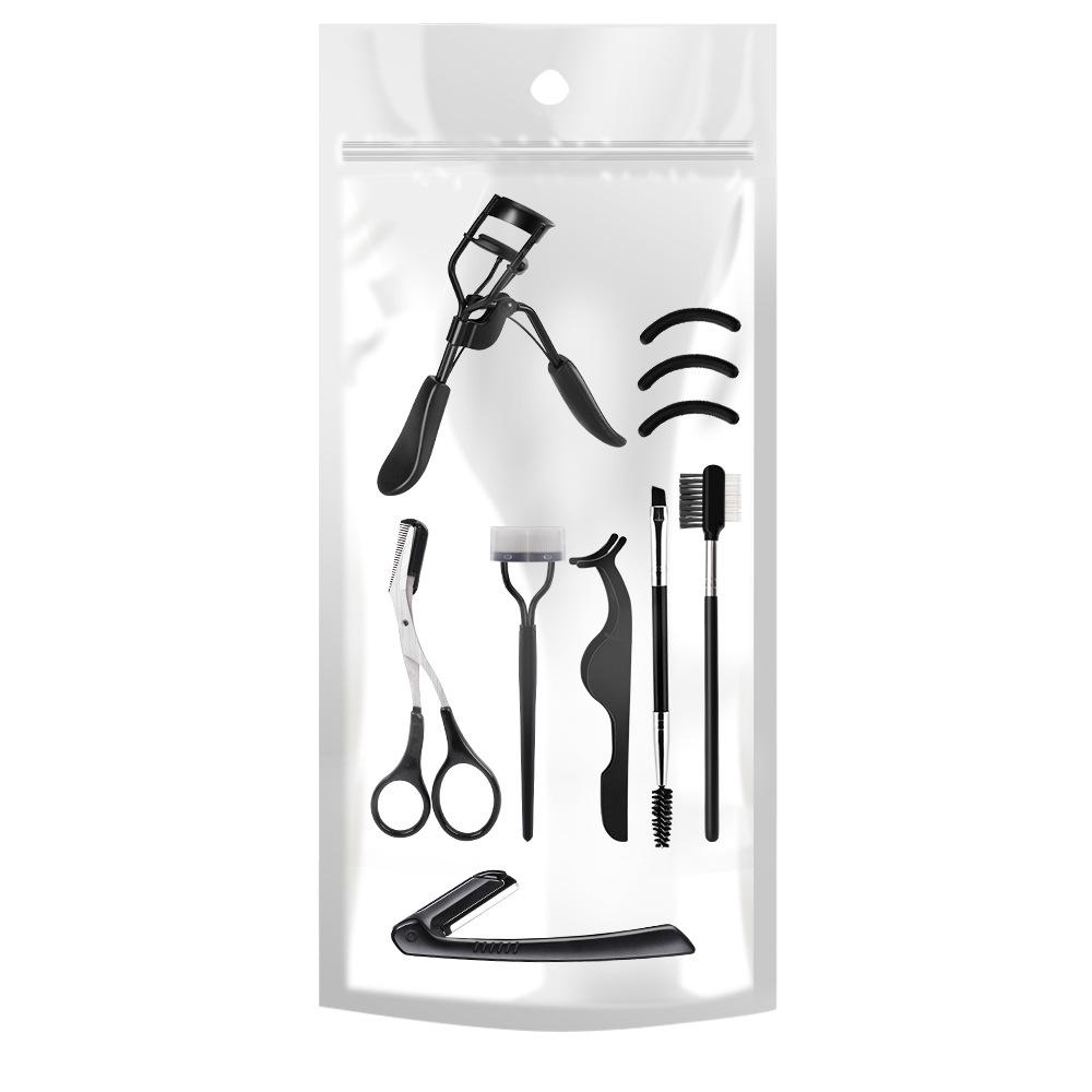 Black Eyelash and Brow Grooming Set with Comb, Brush, Curler, Stainless Steel Razor, Tweezers, and Scissors