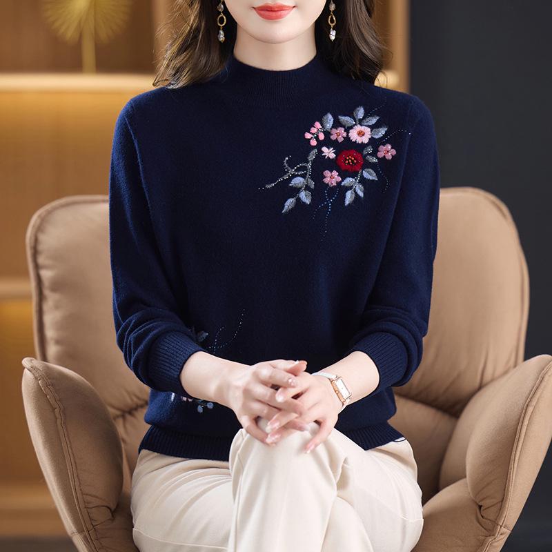 Autumn & Winter Women's 100% Pure Wool Sweater - Stylish Embroidered Half-High Neck for Middle-aged & Elderly