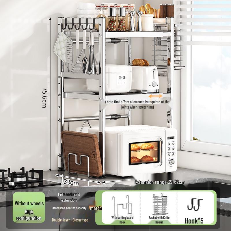 Adjustable Pull-out Microwave Oven Rack – Multi-functional Stainless Steel Shelf for Kitchen Countertop Cookware Storage