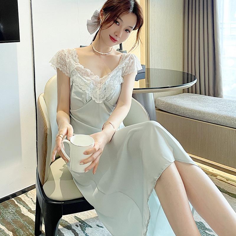 Internet Celebrity New Sexy Women Summer Suspender Nightdress Lace Lace Dress Pajamas Homewear Ice Silk V-neck Explosion